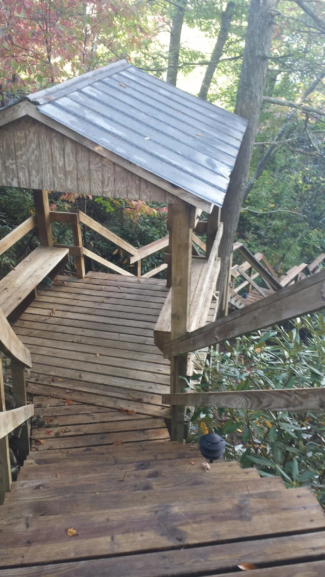 Metal roofed shelter over wooden steps on a wooded walkway — Skylight Repair & Installation work by our crew in West Fork